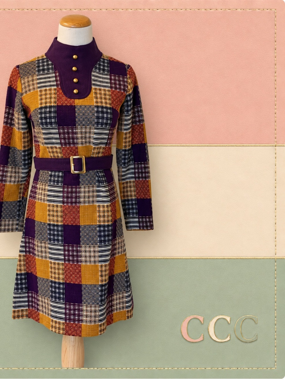 Retro 70s Style Patchwork Plaid Belted Mini Dress Purple Mustard